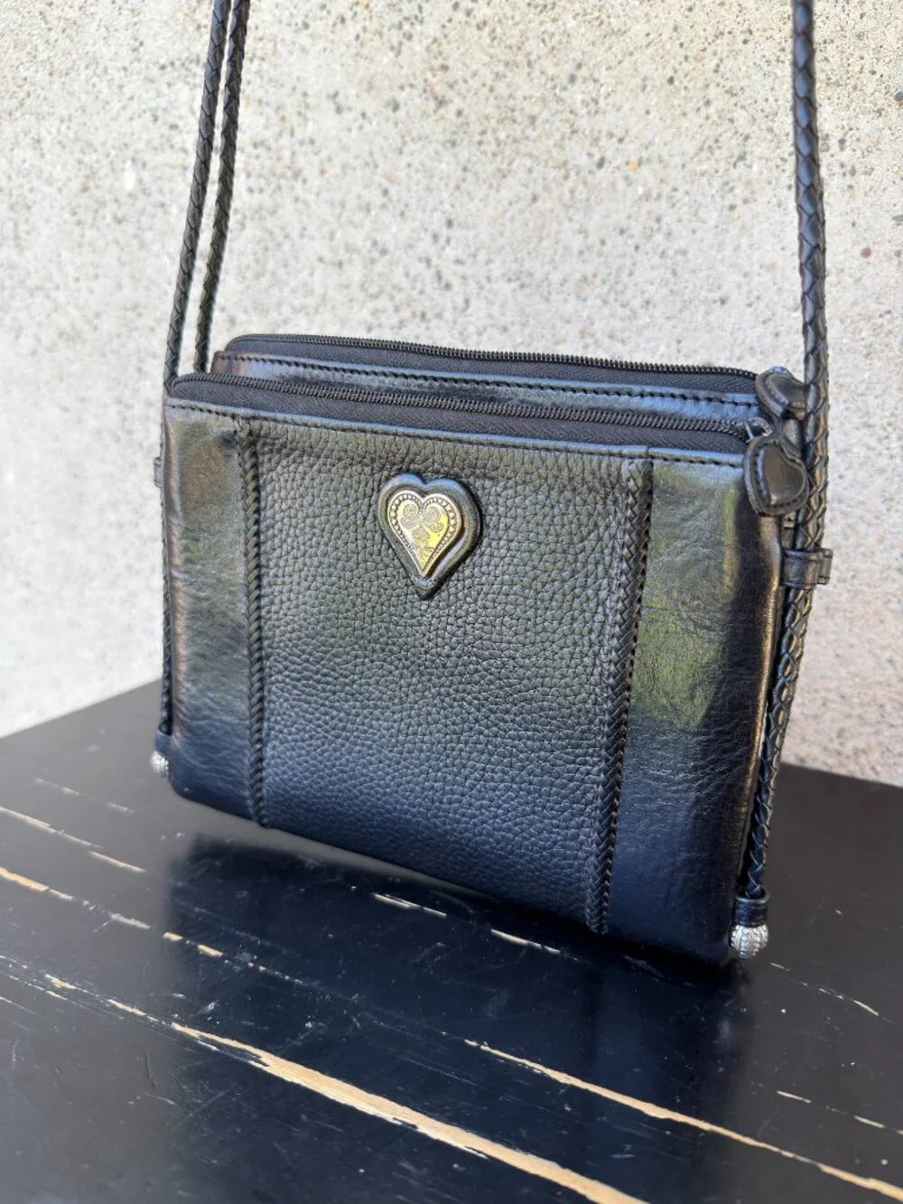 BRIGHTON Women's Black Leather Organizer Crossbody Handbag Braided Straps Hearts